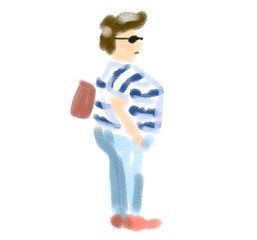 Hand drawn sketch of cartoon character young plump woman standing with bag isolated on white