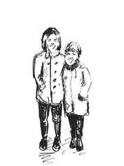 Hand drawn sketch of happy grandmother and granddaughter standing and smiling isolated on white