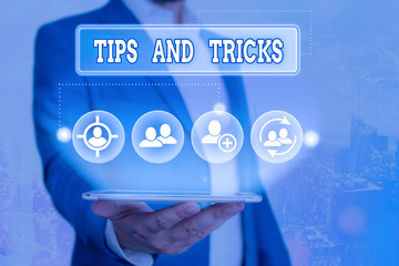 Text sign showing Tips And Tricks. Business photo showcasing piece of inside facts specially in...