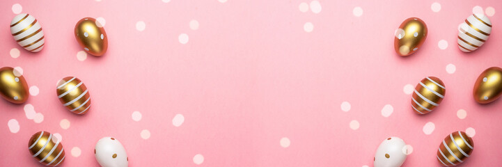 Easter basket eggs isolated on pink. For greeting card, promotion, poster, flyer, web-banner, article.