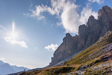 Panoramic view of the Dolomites at sunrise from the three peaks of Lavaredo