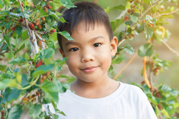 Portrait​ image​ of​ 5-6​ years​ old​ of​ child.​ Happy​ Asian​ boy​ smiling​ face​ with​ Mulberry​ tree​ background.​ Summer​ or​ spring​ season.​