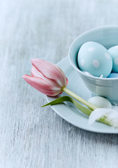 Easter Decoration. Bright wooden background.