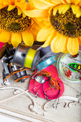 Fishing tackles, lines and reel with spring decoroation