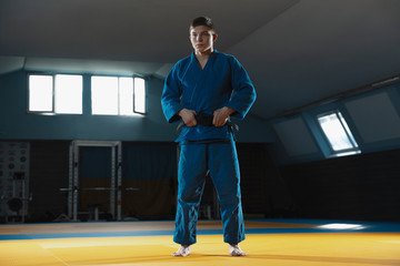 Obraz premium Young judo caucasian fighter in blue kimono with black belt posing confident in the gym, strong and healthy. Practicing martial arts fighting skills. Overcoming, reaching target, self building up.