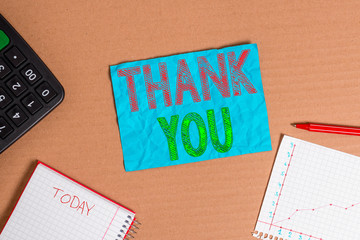 Text sign showing Thank You. Business photo showcasing a polite expression used when acknowledging...