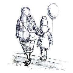 hand drawn sketch of mother and daughter walking isolated on white back view