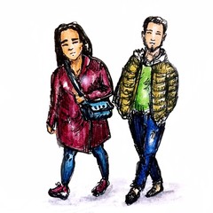 Hand drawn sketch young couple walking on white