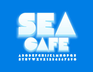 Vector glowing banner Sea Cafe. Creative white Font. Trendy Alphabet Letters and Numbers
