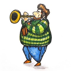 Hand drawn sketch fat musician playing the trumpet isolated on white