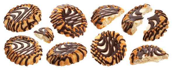 Chocolate coated cookies with milk filling isolated on white background