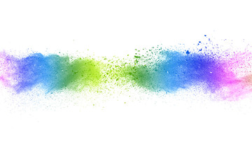 Freeze motion of colorful color powder exploding on white background.