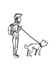 hand drawn man walking with dog isolated on white