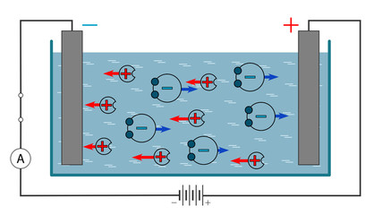 Visual vector illustration demonstrates the concept of electrolysis in a liquid conductor