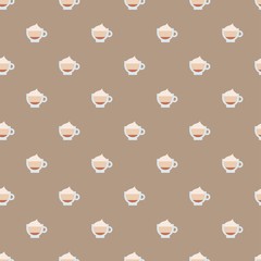 Cappucino Cups. Coffee theme. Coffee lovers concept.  Minimalistic Icon. Colored vector Illustration. Cartoon style, simple Flat design. Seamless pattern. Brown Background, Wallpaper