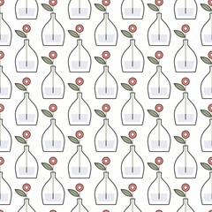 Red Flower in a glass bottle. Minimalistic floral Icon. Flower Shop concept. Cartoon style, simple flat design. Trendy Vector illustration. Seamless pattern. White background