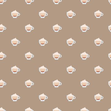 Cappucino Cups. Coffee theme. Coffee lovers concept.  Minimalistic Icon. Colored vector Illustration. Cartoon style, simple Flat design. Seamless pattern. Brown Background, Wallpaper
