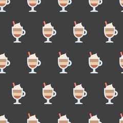 Cappucino Cup with a straw. Coffee theme. Coffee lovers concept.  Minimalistic Icon. Colored vector Illustration. Cartoon style, simple Flat design. Seamless pattern. Black Background, Wallpaper