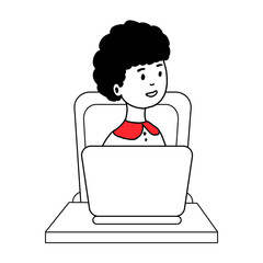 The girl is sitting at a table and working on a computer. The concept of remote work during the quarantine. hand drawn vector design illustrations in a flat style isolated on a white background.