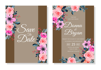 wedding invitation card template with floral watercolor background