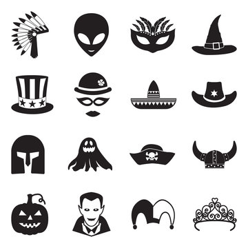 Costume Party Icons. Black Flat Design. Vector Illustration.