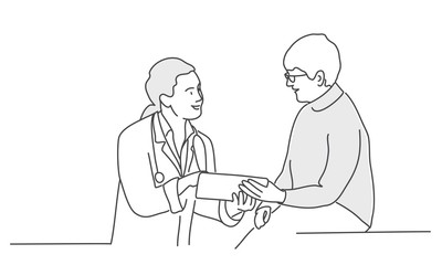 Hand drawn vector illustration of doctor with female patient.