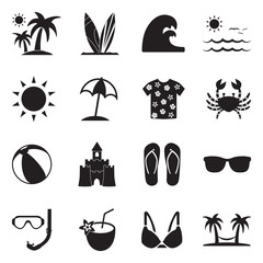 Spring Break Icons. Black Flat Design. Vector Illustration.