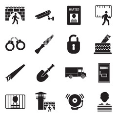 Prison Break Icons. Black Flat Design. Vector Illustration.