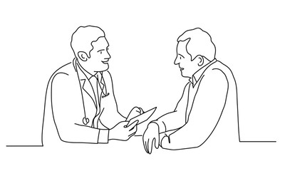 Line drawing vector illustration of doctor with male patient.