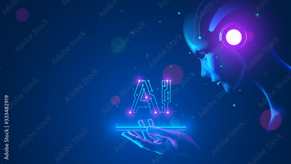 Leinwandbilder cyborg woman look at logo ai hanging over phone. abbreviation ai consists pcb elements. artificial i