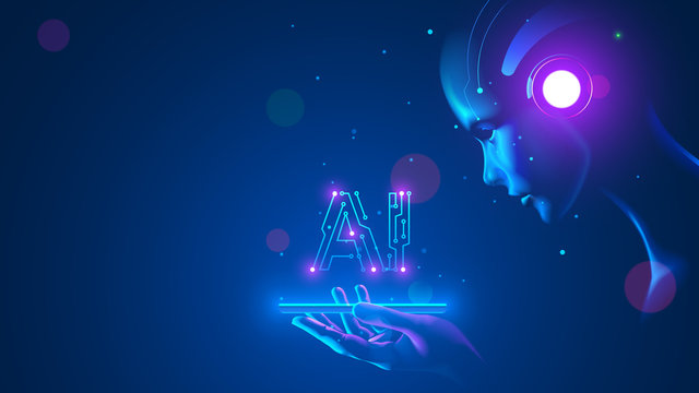 Cyborg Woman Look At Logo AI Hanging Over Phone. Abbreviation AI Consists Pcb Elements. Artificial Intelligence With Beautiful Face In Blue Virtual Cyberspace Leaning Towards At Screen Smartphone.