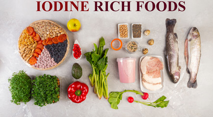 Products containing iodine on concrete background