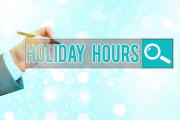 Conceptual hand writing showing Holiday Hours. Concept meaning Overtime work on for employees under...