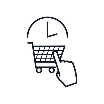 Shopping Online Concept, Shopping Cart, Hand Cursor And Clock Icon, Line Style