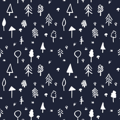 Doodle white trees seamless vector pattern on a black background. Simple forest surface print design. Great for fabrics, stationery and packaging.