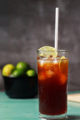 Lemon lime ice tea fresh drink on summer and hot weather, Iced fresh drink black tea and slice lemon lime