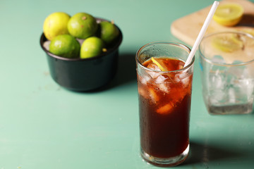 Lemon lime ice tea fresh drink on summer and hot weather, Iced fresh drink black tea and slice lemon lime