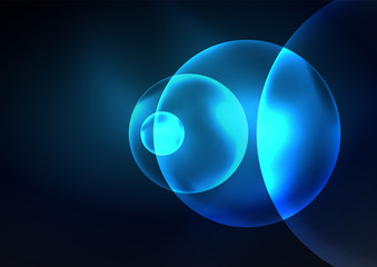Glowing neon shiny transparent bubbles, glass circles or bio cell concept. Techno futuristic vector abstract background For Wallpaper, Banner, Background, Card, Book Illustration, landing page