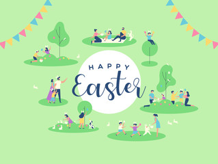 Happy easter card of family people in spring park