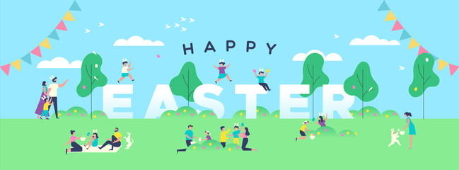Happy easter banner of people in spring park