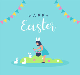 Happy easter card of girl with spring rabbit