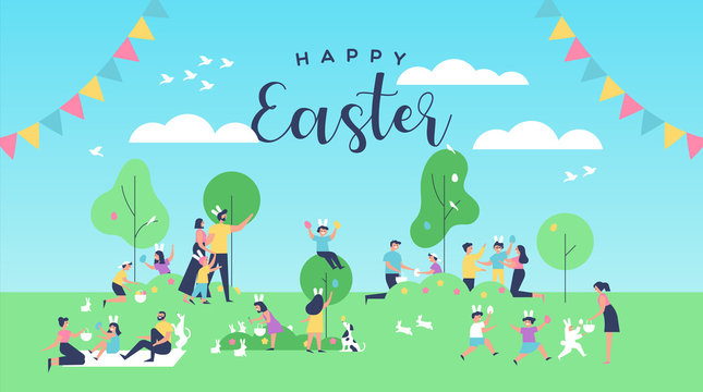 Happy easter card of funny people at spring park