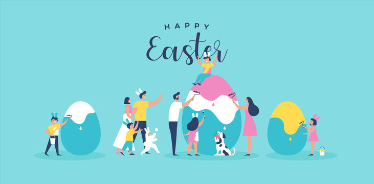 Happy easter family people painting egg card