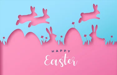Fotobehang Happy easter colorful paper cut rabbit egg card © Cienpies Design