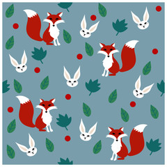 Seamless pattern with fox and bunnies