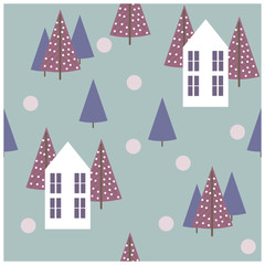 Seamless pattern with little nordic houses