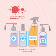 Cleaner spray soap dispenser and alcohol bottle for stop the spread 2019 ncov virus vector design