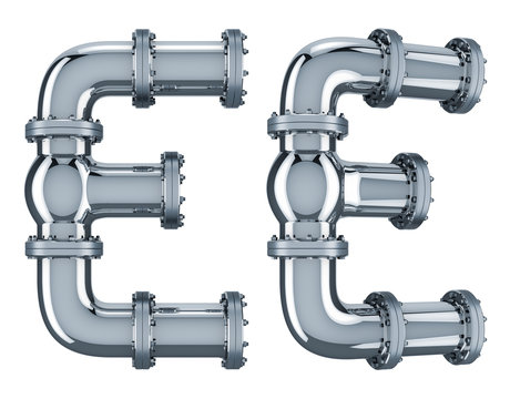 Letter E from steel pipes, 3D rendering