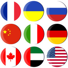 Fototapeta premium Set with country flags. USA, China, Russia, Ukraine, UAE, Italy, France, Germany, Canada.Concept of Coronavirus Spread, World Crisis. Vector flags in the shape of a circle isolated on white background