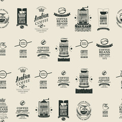 Vector seamless pattern with various labels in retro style on coffee and coffee house theme. Suitable for wallpaper, wrapping paper, textile, fabric